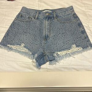 PacSun Light Indigo Rhinestone Ripped High Waisted Denim Festival Shorts